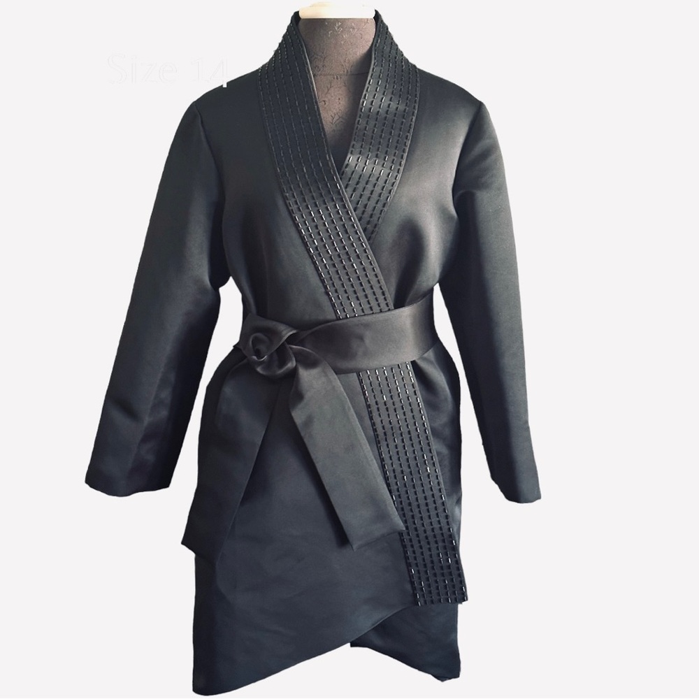 St. John Black midi dress coat size 14 with beaded accents and tie belt